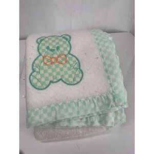 Cuddle Time Baby Crib Blanket VTG Mint Checkered Embroidered Detailed Bear with